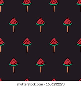 Funny pattern of a watermelon ice cream. Line made drawing. Black background. Editable vector.
