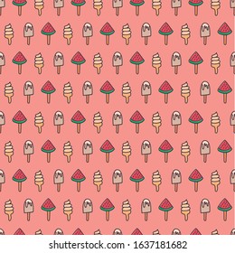 Funny pattern of a watermelon ice cream. Line made drawing. Pink background. Editable vector.