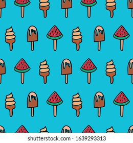 Funny pattern of a watermelon ice cream. Blue background. Line made drawing. Editable vector.