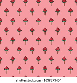 Funny pattern of a watermelon ice cream. Line made drawing. Pink background. Editable vector.
