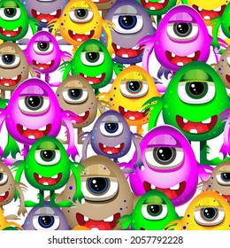 Funny patterns with one-eyed monsters. design for packaging, textiles, wallpaper, backdrop, nursery, cover, postcard.