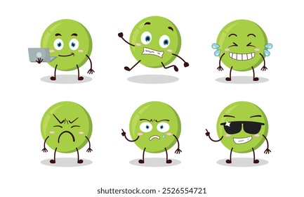 funny pea cartoon character with many pose activity vector illustration