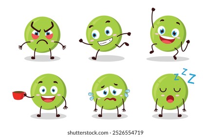 funny pea cartoon character with various pose activity vector illustration