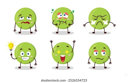Divertido dibujo animado de guisantes con diferentes expresiones Ilustración vectorial
