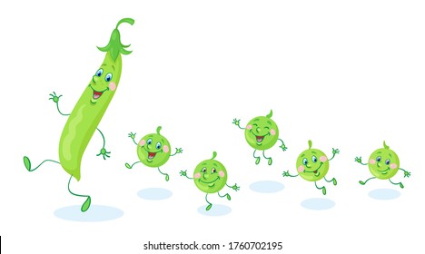 A funny pea pod and cute peas. In cartoon style. Isolated on white background. Vector flat illustration.