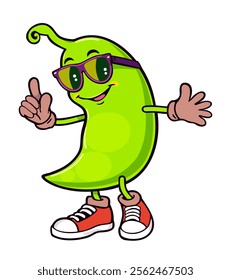 Funny pea pod in sunglasses. Groovy retro cartoon vector isolated illustration.