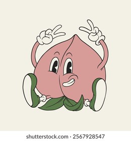 funny peach fruit retro cartoon mascot