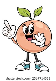 Funny peach. Groovy retro cartoon style. Vector isolated illustration.