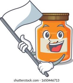 Funny peach jam cartoon character style holding a standing flag