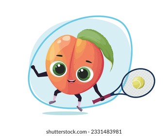 Funny peach is playing tennis. A cartoon-style fruit.
