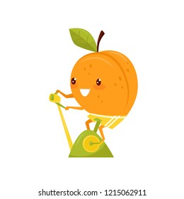 Funny peach training on an exercise bike, sportive fruit cartoon character doing fitness exercise vector Illustration on a white background