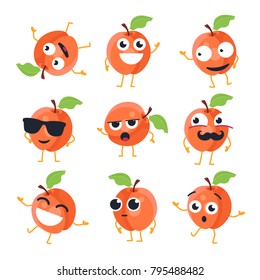 Funny peach - vector isolated cartoon emoticons. Cute emoji set with a nice character. A collection of angry, surprised, happy, cheerful, crazy, laughing, sad fruit on white background