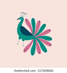 Funny peacock with beautiful colorful tail hand drawn vector illustration. Cute isolated peafowl bird in flat style for logo or icon.
