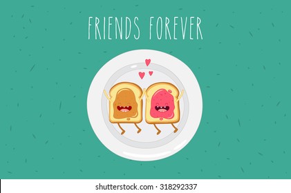 Funny peanut butter and jam butter. Vector cartoon. Friends forever. Comic characters. You can use in the menu, in the shop, in the bar, the card or stickers. Easy to edit.