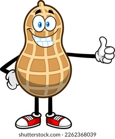 Funny Peanut Cartoon Character Giving The Thumbs Up. Vector Hand Drawn Illustration Isolated On Transparent Background