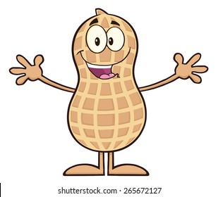 Funny Peanut Cartoon Character Wanting For Hug. Vector Illustration Isolated On White