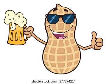 Funny Peanut Cartoon Mascot Character Holding A Beer And Thumb Up. Vector Illustration Isolated On White