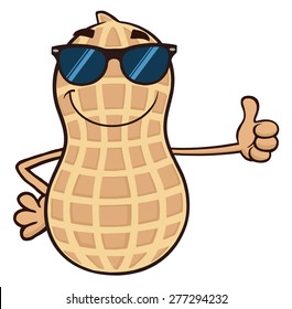 Funny Peanut Cartoon Mascot Character With Sunglasses Giving A Thumb Up. Vector Illustration Isolated On White