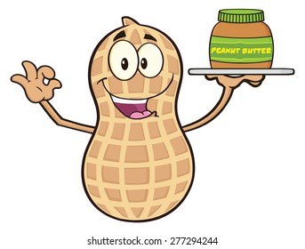 Funny Peanut Cartoon Mascot Character Holding A Jar Of Peanut Butter. Vector Illustration Isolated On White