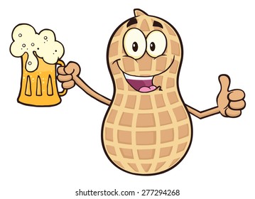 Funny Peanut Cartoon Mascot Character Holding A Beer And Thumb Up. Vector Illustration Isolated On White