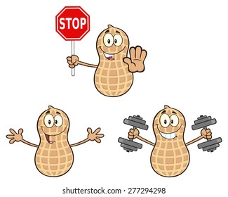 Funny Peanut Cartoon Mascot Character 2. Vector Collection Set Isolated On White