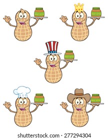 Funny Peanut Cartoon Mascot Character 3. Vector Collection Set Isolated On White