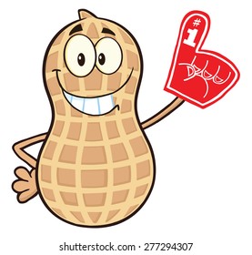 Funny Peanut Cartoon Mascot Character Wearing A Foam Finger. Vector Illustration Isolated On White