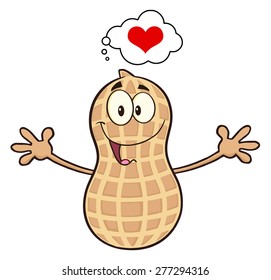Funny Peanut Cartoon Mascot Character Thinking Of Love And Wanting A Hug. Vector Illustration Isolated On White
