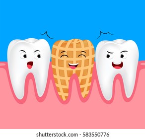 Funny peanut cartoon tooth character. Dental care concept, illustration