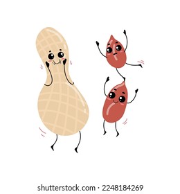 Funny peanut and two pili nuts with cute face cartoon illustration. Peanut and pili nut in shell, nuts having fun. Vegan or vegetarian food, seed, love, emotion concept