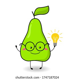 Funny pear in cartoon style with a light bulb. Vector. Juicy and bright fruit. Cute character with emotions. For your design. For stickers, cards, avatars. Isolated on a white background.