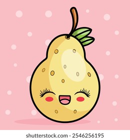 Funny pear character closed her eyes and laughs. Cute vector illustration of fruit in kawaii style.