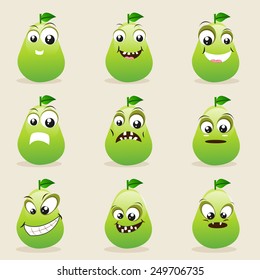 Funny pear character showing different facial expressions on beige background.