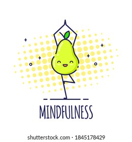 Funny Pear Character en Tree Pose Vrikshasana. Clases de Yoga. Fondo blanco