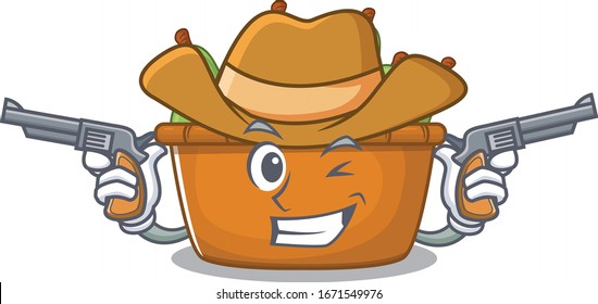 Funny pear fruit box as a cowboy cartoon character holding guns
