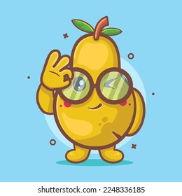 funny pear fruit character mascot with ok sign hand gesture isolated cartoon in flat style design