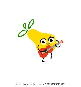 Funny pear fruit character playing guitar at party, flat cartoon, doodle vector illustration isolated on white background. Cartoon pear fruit character with human face playing guitar, party mascot