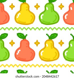 Gracioso arte en píxeles de fruto de pera sin fisuras. Diseño de ilustración gráfica de dibujos animados. Arte de píxel de fruto de pera fresca,concepto de patrón sin fisuras de impresión de 8 bits,16 bits
