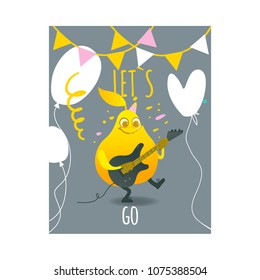 Funny pear happy fruit character smiling holding playing electric guitar. Summer vacation, party poster design template with confetti, buntings and air balloons. Isolated vector illustration,