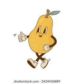 Funny pear mascot isolated on white background. Smiling retro cartoon fruit character vector illustration. Groovy style. 