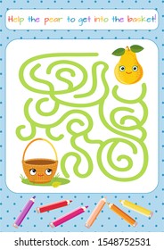 Funny pear. Maze. Coloring book. Educational game for children. Cartoon vector illustration