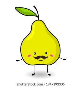 Funny pear with a mustache in cartoon style .Vector. Juicy and bright fruit. Cute character with emotions. For your design. For stickers, cards, avatars. Isolated on a white background.