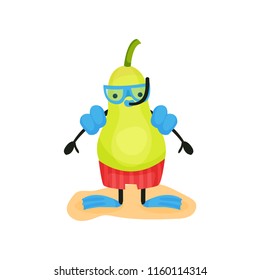 Funny pear scuba diver, humanized fruit character spending time on the beach in summer holidays vector Illustration on a white background