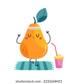 Una curiosa imagen del personaje de la fruta de verano meditando en la rosa del yoga sobre la mascota que disfruta de las vacaciones y tiene una ilustración del vector divertido