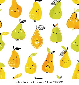 Funny pear vector pattern. Seamless background with colorful summer fruits with faces.