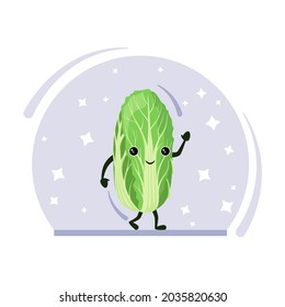 Funny Peking cabbage on the background of stars. A cute vegetable in a cartoon style.
