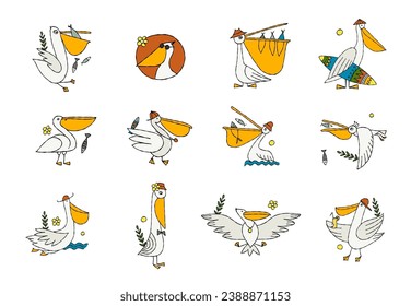 Funny pelican characters. Icons set isolated on white for your design