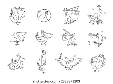 Funny pelican characters. Icons set isolated on white for your design. Colouring page