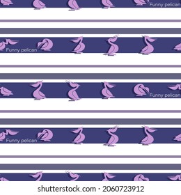 Funny pelican silhouette. Vector isolated character. Pink bird with contour line. Striped background