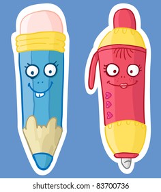 Funny pen and pencil characters. Vector illustration.
